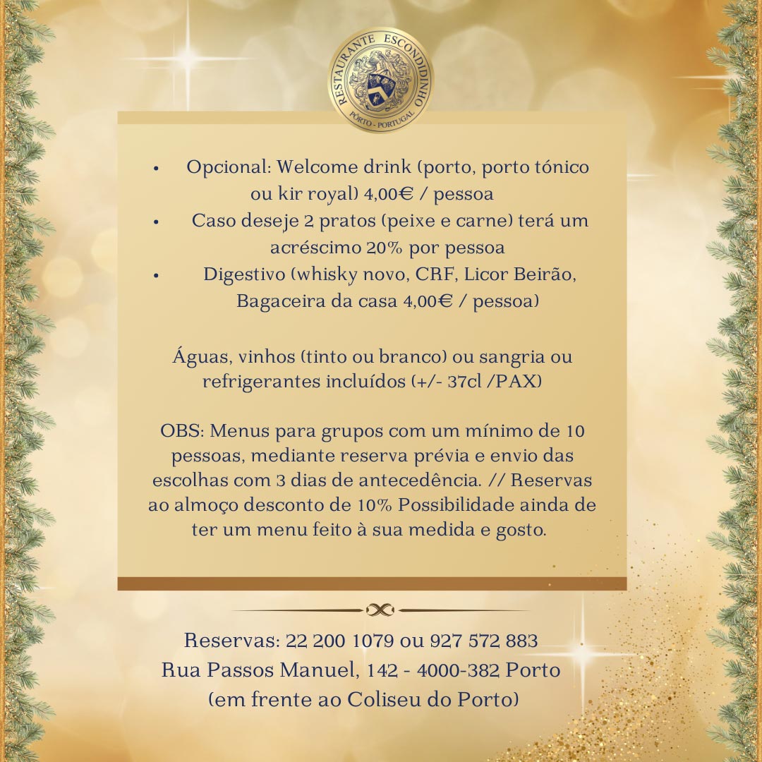 Menus de Natal Restaurante Escondidinho Porto